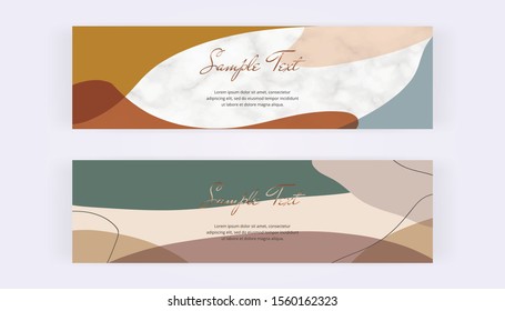 Web banners with geometric design, abstract mid century shapes and marble texture. Modern templates for invitation, logo, card, flyer, poster, save the date
