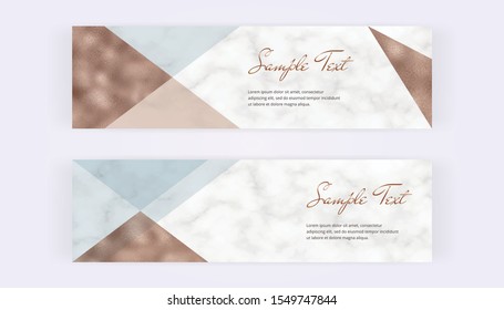 Web banners with geometric design, triangles shapes, copper foil and marble texture. Modern templates for invitation, logo, card, flyer, poster, save the date
