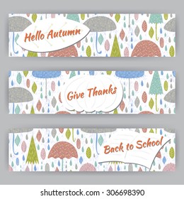Web banners with hand drawn umbrellas, leaf and raindrops. Vector templates. Autumn theme. Place for your text.