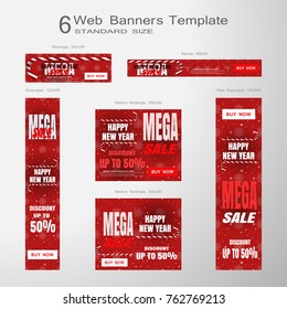 Web banners of Happy New Year vector set of standard size on the red background.