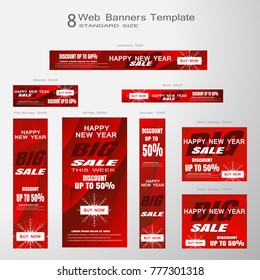 Web banners of Happy New Year Big Sale vector set of standard size on the red wave background.