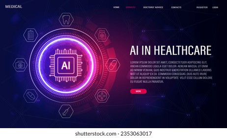 Banners web con iconos de IA, cruz médica, jeringa, dientes y pastillas. El concepto de inteligencia artificial en la atención de la salud.