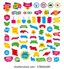 Web banners and labels. Special offer tags. Beach holidays icons. Cocktail, human footprints and swimming trunks signs. Summer sun symbol. Discount stickers. Vector