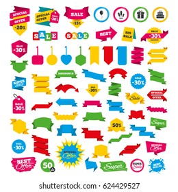 Web banners and labels. Special offer tags. Birthday party icons. Cake and gift box signs. Air balloons and fireworks rockets symbol. Discount stickers. Vector