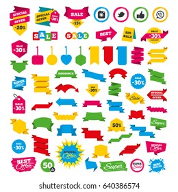 Web banners and labels. Special offer tags. Hipster photo camera icon. Like and Call speech bubble sign. Bird symbol. Social media icons. Discount stickers. Vector