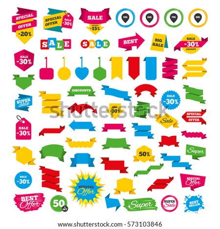 Web banners and labels. Special offer tags. Sale pointer tag icons. Discount special offer symbols. 50%, 60%, 70% and 80% percent discount signs. Discount stickers. Vector