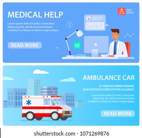 Web banners with medical staff, ambulance car and doctor. Flat vector illustration 