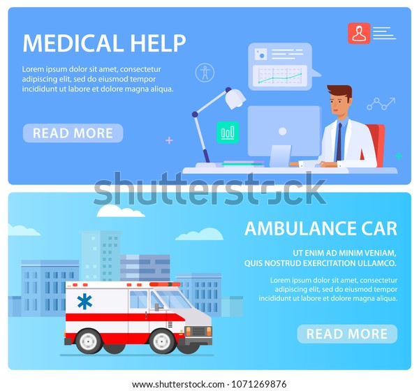 Web banners with medical staff, ambulance\
car and doctor. Flat vector illustration\
