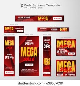 Web banners of Memorial Day Mega Sale vector set of standard size on the gradient gray background.