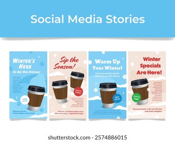 Web banners offering special winter promotions on hot drinks that highlight seasonal flavors and are perfect for warming up in cold weather.