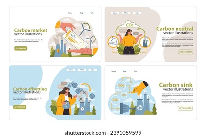 Web banners on climate solutions web or landing set. Hand showcases market strategies, woman explores offsetting, eco-balanced life, and forest as CO2 absorbent. Eco initiatives. Flat vector