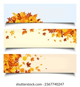 Web banners with orange, yellow, and brown autumn leaves. Set of three vector banners