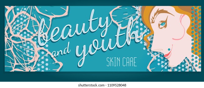 WEB Banners, postcards, posters BEAUTIFUL and YOUNG with the face of a gentle girl and flowers in the style of cut paper. Colorful hand drawn vector stock illustration.
