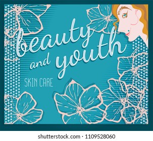 WEB Banners, postcards, posters BEAUTIFUL and YOUNG with the face of a gentle girl and flowers in the style of cut paper. Colorful hand drawn vector stock illustration.