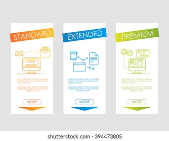web banners. Price list, hosting plans and web boxes banners design. three tariffs. interface for the site. ui ux vector banner for web app.