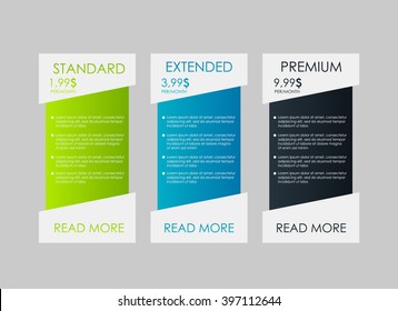 web banners. Price list, hosting plans and web boxes banners design. three tariffs. interface for the site. ui ux vector banner for web app.