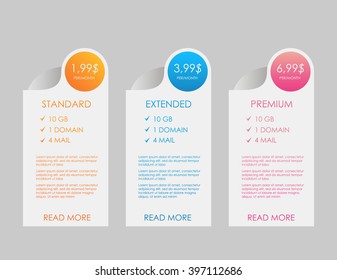 web banners. Price list, hosting plans and web boxes banners design. three tariffs. interface for the site. ui ux vector banner for web app.