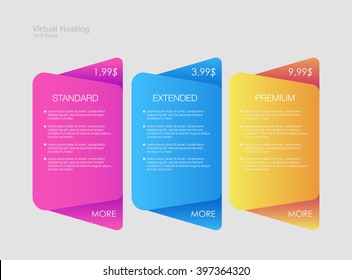 web banners. Price list, hosting plans and web boxes banners design. three tariffs. interface for the site. ui ux vector banner for web app.