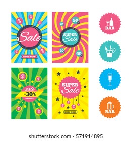 Web banners and sale posters. Bar or Pub icons. Glass of beer and champagne signs. Alcohol drinks and cocktail symbols. Special offer and discount tags. Vector