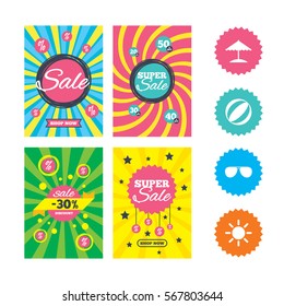 Web banners and sale posters. Beach holidays icons. Ball, umbrella and sunglasses signs. Summer sun symbol. Special offer and discount tags. Vector