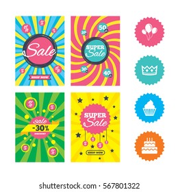 Web banners and sale posters. Birthday crown party icons. Cake and cupcake signs. Air balloons with rope symbol. Special offer and discount tags. Vector