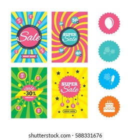 Web banners and sale posters. Birthday party icons. Cake and gift box signs. Air balloon and fireworks symbol. Special offer and discount tags. Vector
