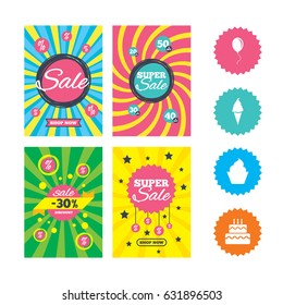 Web banners and sale posters. Birthday party icons. Cake with ice cream signs. Air balloon with rope symbol. Special offer and discount tags. Vector