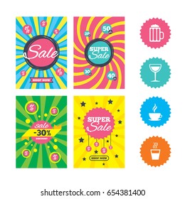 Web banners and sale posters. Drinks icons. Coffee cup and glass of beer symbols. Wine glass sign. Special offer and discount tags. Vector