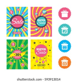 Web banners and sale posters. Gift box sign icons. Present with bow symbols. Photo camera sign. Woman shoes. Special offer and discount tags. Vector