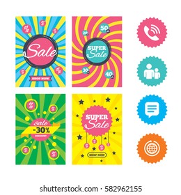 Web banners and sale posters. Group of people and share icons. Speech bubble and round the world arrow symbols. Communication signs. Special offer and discount tags. Vector