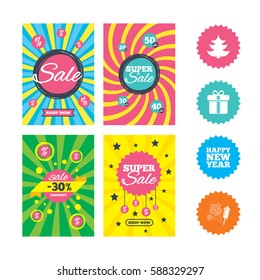 Web banners and sale posters. Happy new year icon. Christmas tree and gift box signs. Fireworks rocket symbol. Special offer and discount tags. Vector