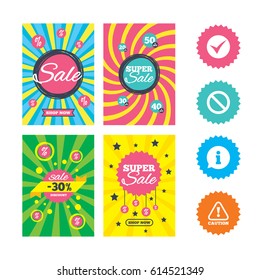 Web banners and sale posters. Information icons. Stop prohibition and attention caution signs. Approved check mark symbol. Special offer and discount tags. Vector