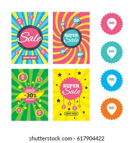 Web banners and sale posters. Sale pointer tag icons. Discount special offer symbols. 50%, 60%, 70% and 80% percent discount signs. Special offer and discount tags. Vector
