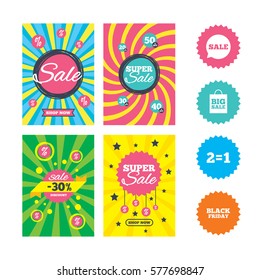Web banners and sale posters. Sale speech bubble icons. Two equals one. Black friday sign. Big sale shopping bag symbol. Special offer and discount tags. Vector