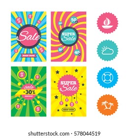 Web banners and sale posters. Travel icons. Sail boat with lifebuoy symbols. Cloud with sun weather sign. Palm tree. Special offer and discount tags. Vector