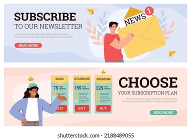 Web banners set with concept of newsletter and services subscription, flat vector illustration. Man holds huge envelope with news inscription, woman chooses subscription plan and price.