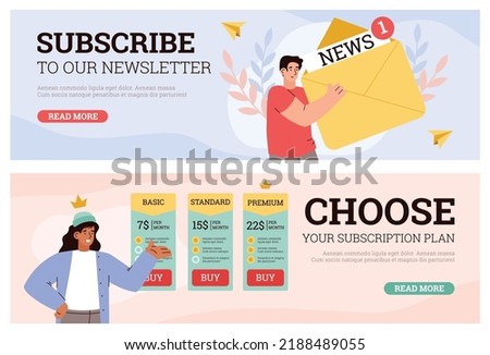 Web banners set with concept of newsletter and services subscription, flat vector illustration. Man holds huge envelope with news inscription, woman chooses subscription plan and price.