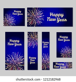 Web banners set with firework. and inscription Happy new year Vector illustration
