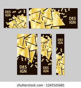 Web banners, set with gold triangles and curved lines. Vector illustration