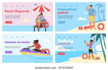 Web banners set for lifeguards beach patrol and water rescue services. Web page templates for beach lifeguards rescue team with cartoon guards, flat vector illustration.