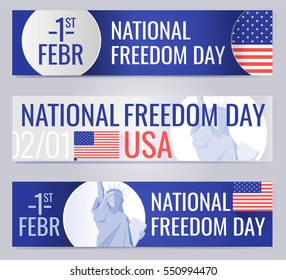 Web banners set for National freedom day USA the 1st of february. Design with Statue of Liberty and american flag.
