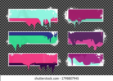 Web banners set with oil paint splashes. Graffiti style borders set on isolated background. Grunge vector backdrop with spray splashes.