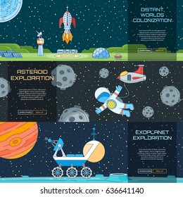 Web banners set on the theme of space. Modern flat illustration with text