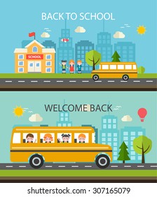 Web banners set with school building, bus, children. Learning and education concepts, vector illustration