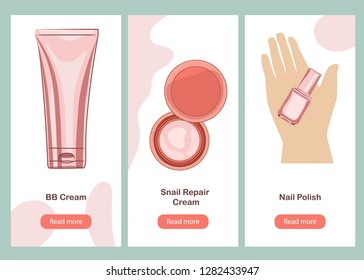 Web banners set with woman hand and Korean cosmetics set in flat style. Vector illustration