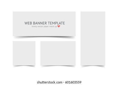 Web banners with shadow set isolated on white background. White paper different sizes cards template. Realistic vector mock up. Collection pieces of paper for graphic designer portfolio