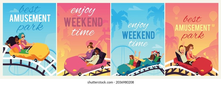 Web banners or social media posters set for amusement park, flat vector illustration. Amusement park web or mobile page interfaces with characters riding roller coaster.