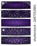 Web banners with spider web and spiders. Set of vector Halloween purple web banners with spider web. Hand-drawn illustration, not AI