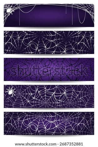 Web banners with spider web and spiders. Set of vector Halloween purple web banners with spider web. Hand-drawn illustration, not AI