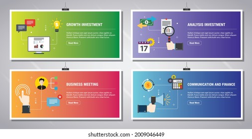 Web banners template in vector with icons of growth investment, analysis investment, business meeting, communication and finance. Flat design icons in vector illustration.